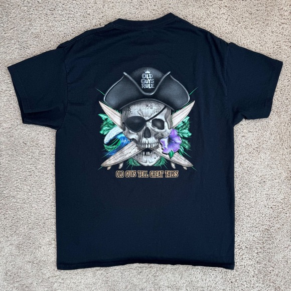 Old Guys Rule T Shirt Pirate Skull Graphic Mens L Black 2 Sided Short Sleeve Tee - Picture 9 of 9